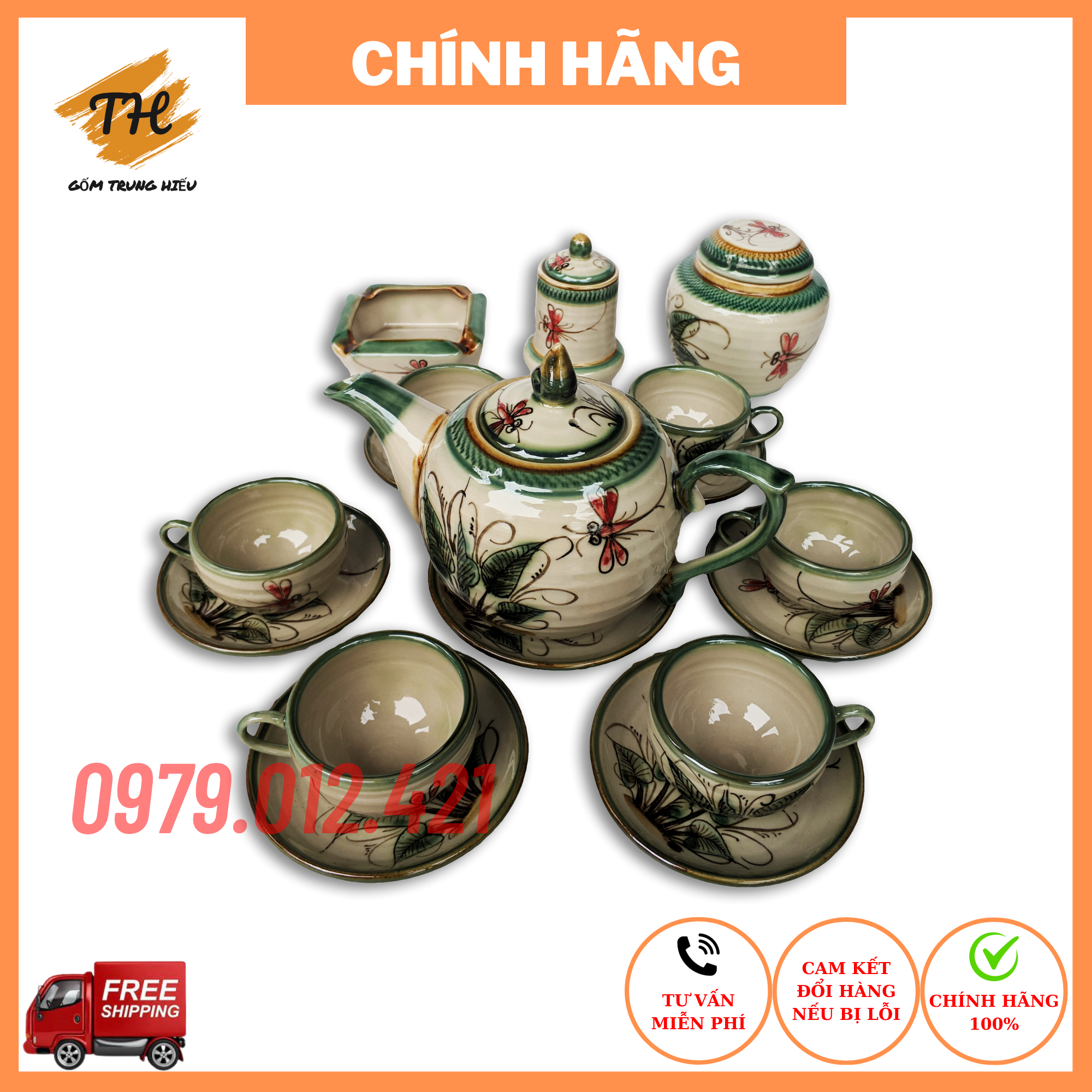 Bộ ấm chén Bát Tràng men bóng vẽ chuồn khoai đầy đủ phụ kiện