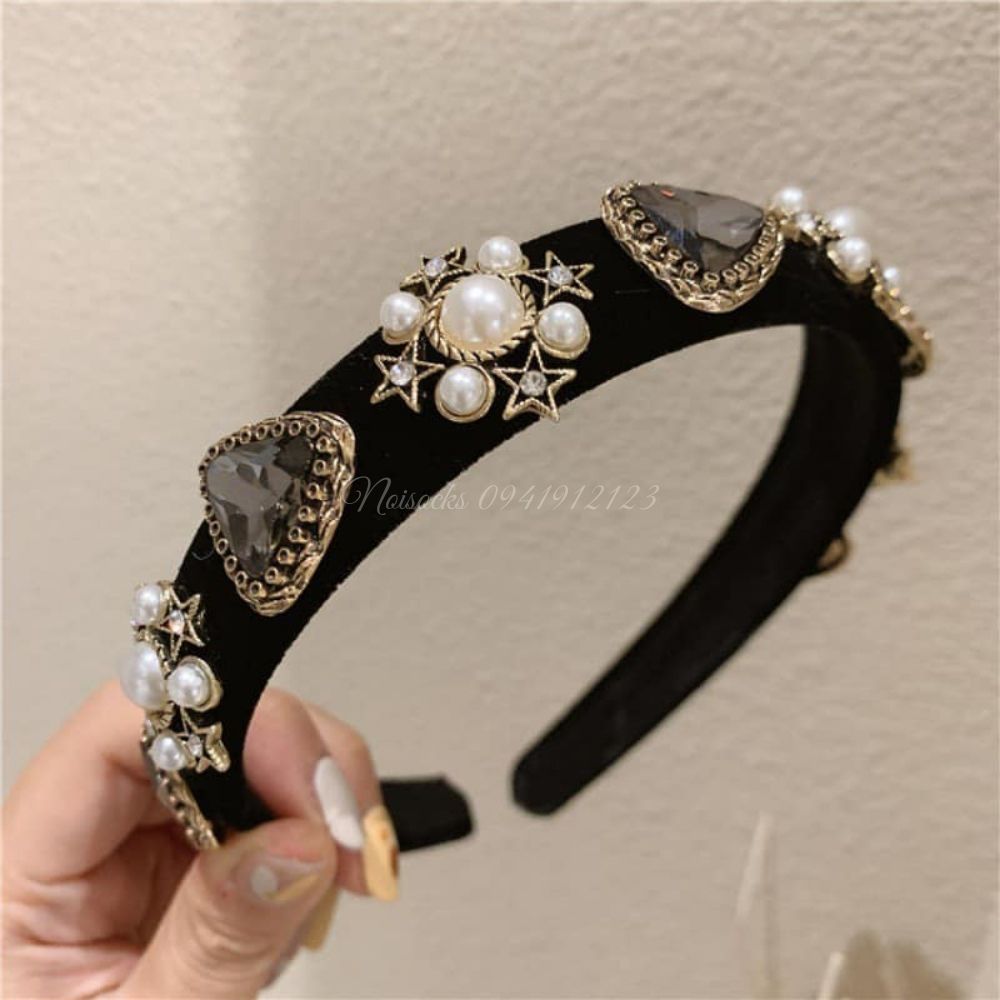 [Sỉ lẻ] Bờm nhung lụa đen đính đá Thời Trang, Bờm cài tóc Retro Nhung Hàn Quốc - Noisocks