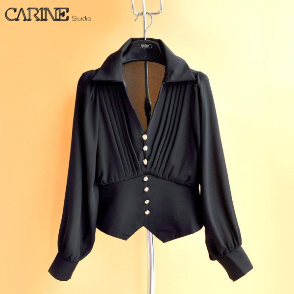 Vb carine sơ mi nữ phong cách hàn quốc áo bờ lu vải voan dài tay thời trang chic v-cổ eo cao t-shirt phụ nữ 1127