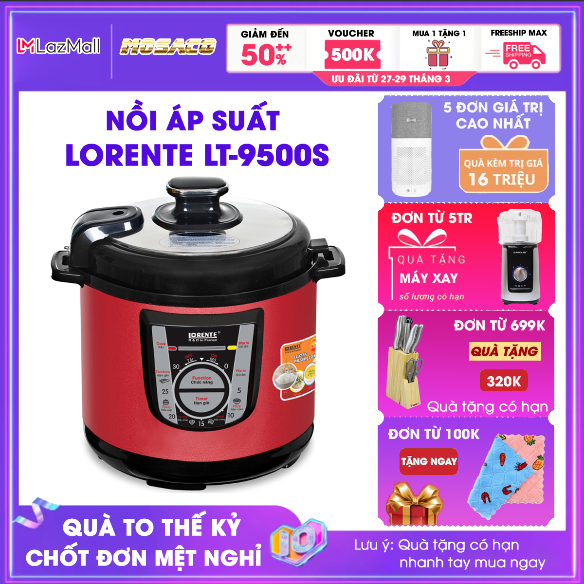 Nồi áp suất điện đa năng Lorente LT-9500S dung tích 6l công suất 1000W. Nồi nấu chậm có phần thân nồi được cấu tạo chắc chắn, độ bền cao, chịu nhiệt tốt, chống gỉ, hạn chế bị mài mòn, điện thế 220V – 240V - MOSACO