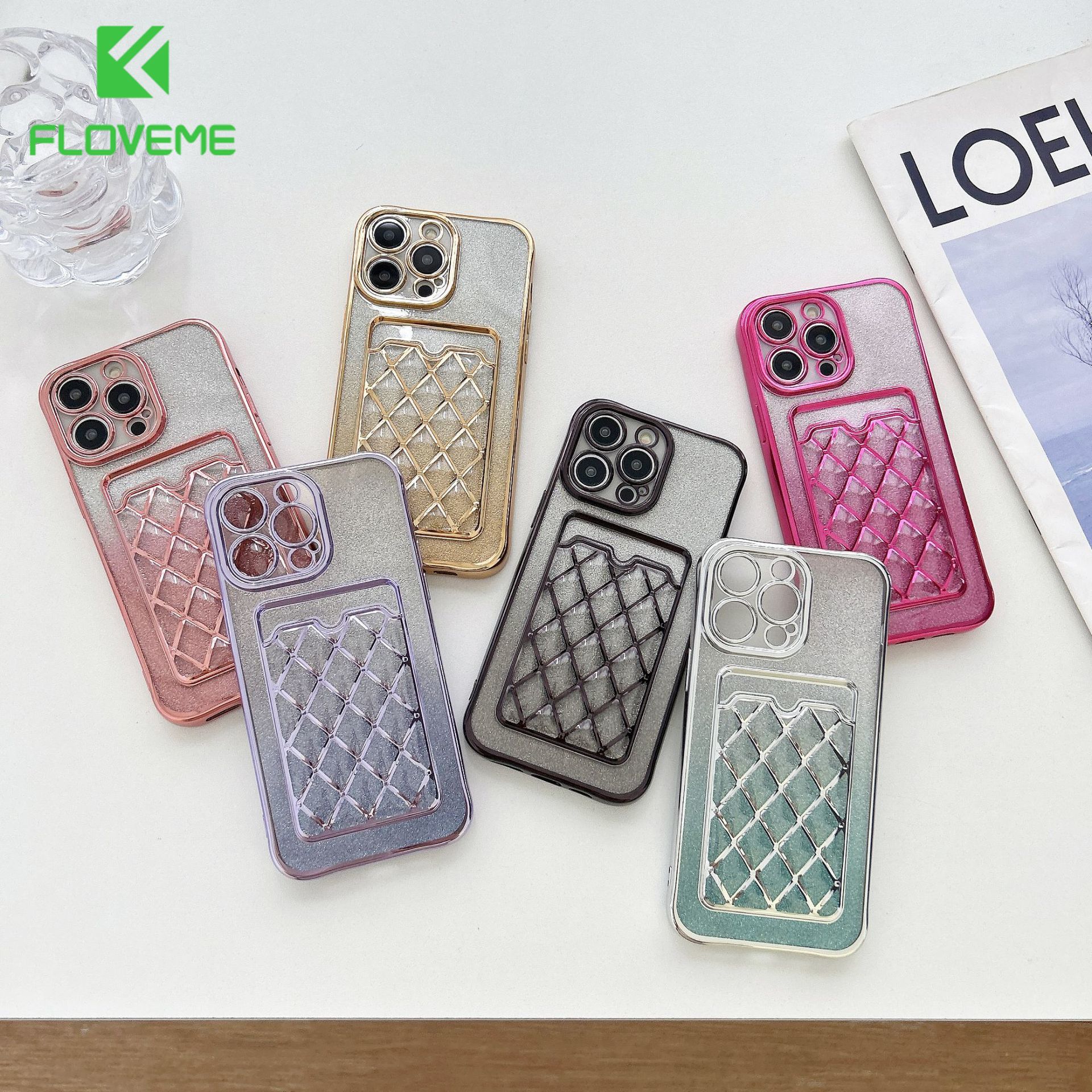 FLOVEME Fashionable Electroplated Laser Glitter Phone Case for IPhone 13 14 15 Pro Max Shell with Card Slot 14Promax TPU Shockproof Protective Cover