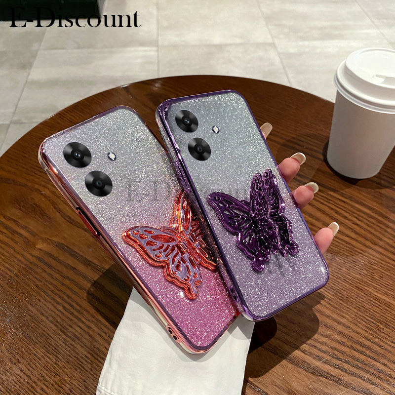 New Phone case Realme Note 60X Back cover with Cute Butterfly Stand Luxury Slim Gradient Clear Plating Glitter Girls For Realme Note 60X case. 