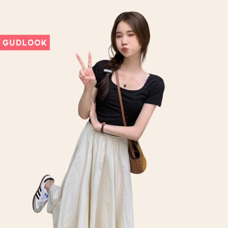 Chân Váy Dài basic Chữ A GUDLOOK Midi Trơn Basic 3 Màu Xếp Ly nhẹ