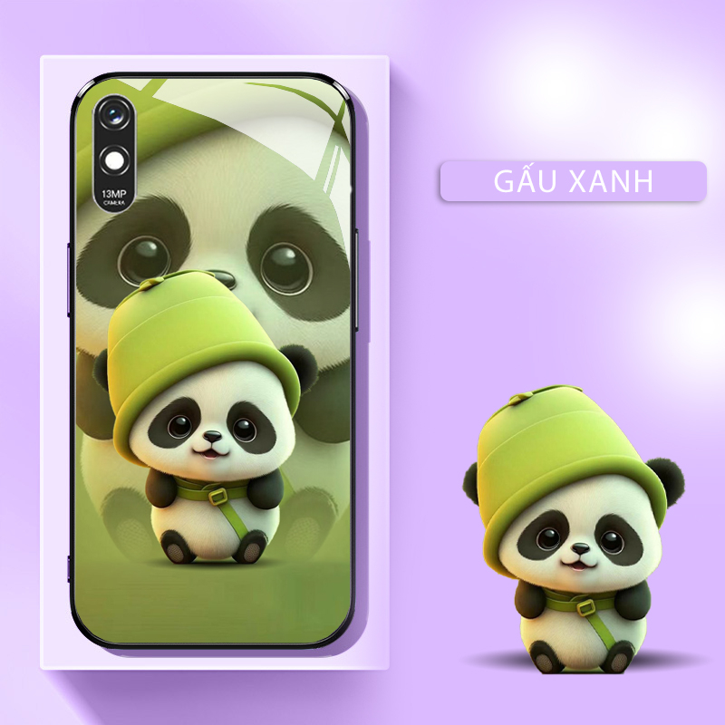 Ốp lưng xiaomi redmi 9a mặt kính cường lực, hình gấu trúc