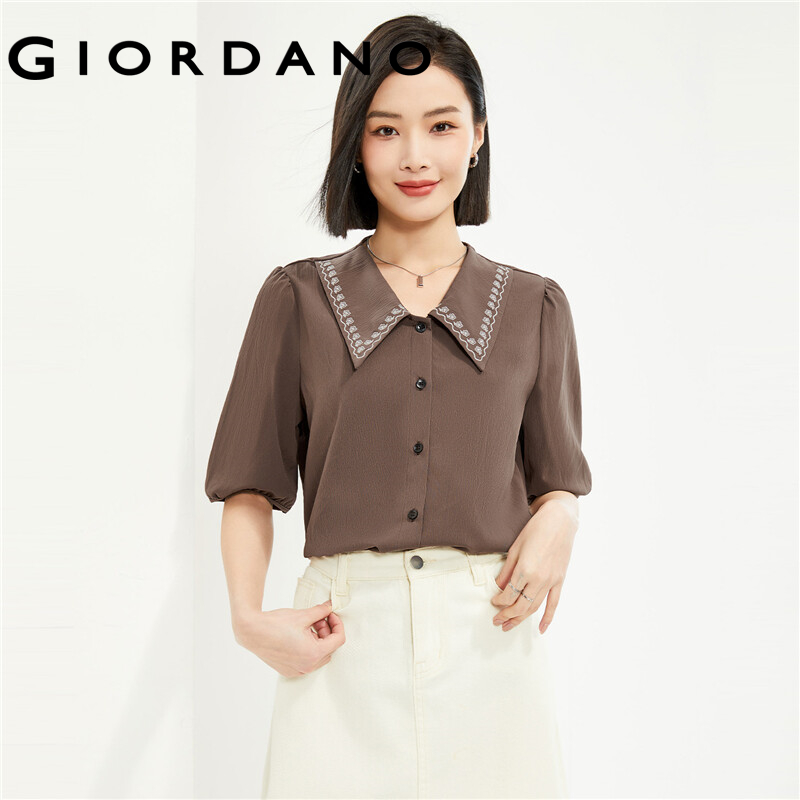 GIORDANO Women Shirts Embroidered Pointed Collar Summer Shirts Puff Sleeve Button Closure Simple Fashion Casual Shirts 13344220