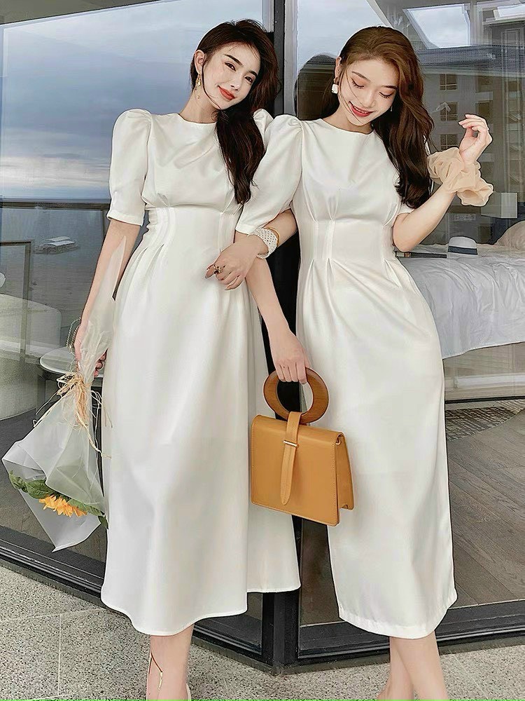 Đầm Midi cổ tròn chít eo 2 dáng váy