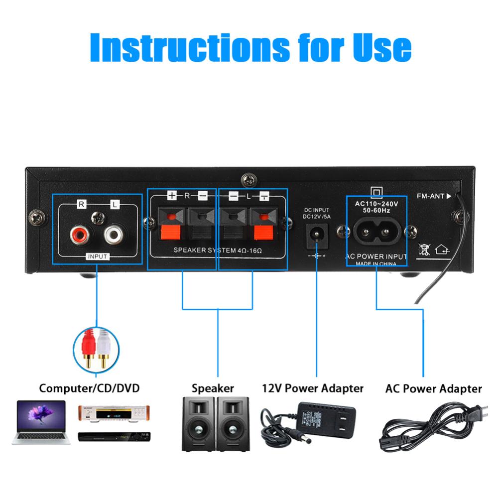 AK35 Bluetooth HiFi Stereo Audio Power Amplifier with USB TF RCA AUX In + Remote