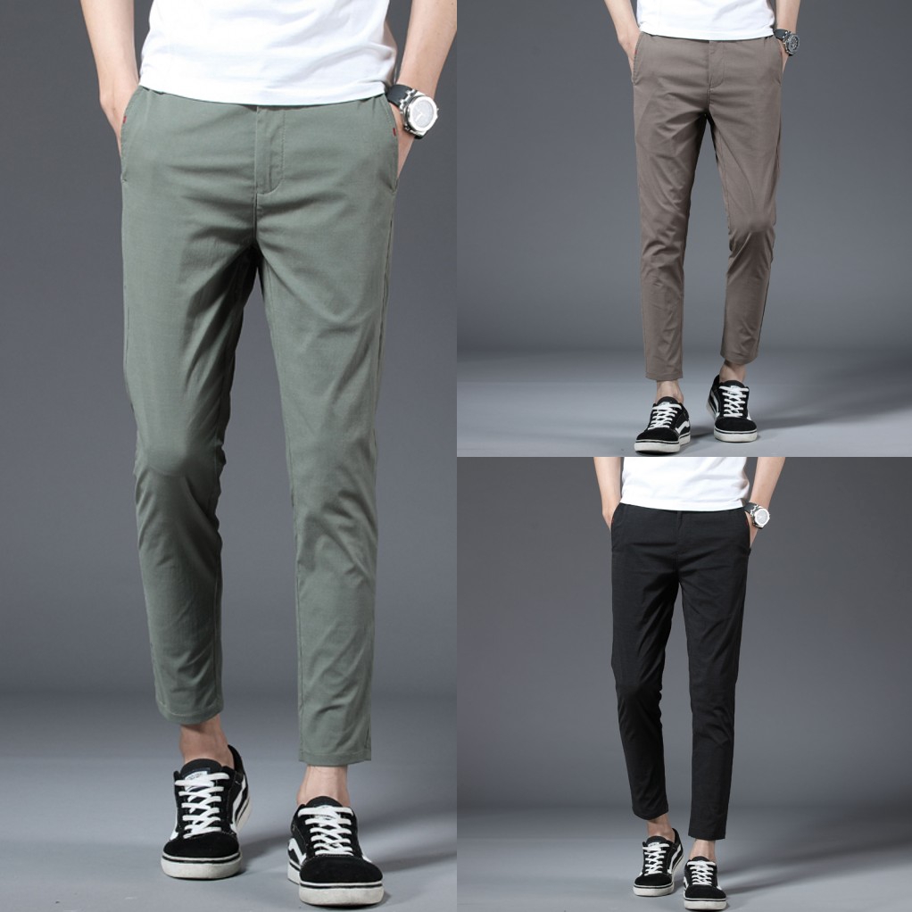 Men Solid Color Casual Pants Men Straight Slight Elastic Ankle-Length  Formal Trousers Men's Slim Fit Stretch Pants (Color : Black Pant, Size :  30) : Amazon.co.uk: Fashion