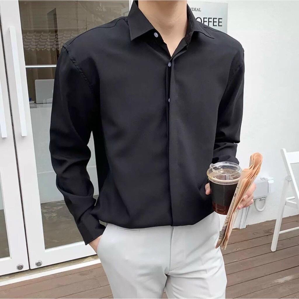 Áo sơ mi nam dấu cúc dài tay dáng rộng hàn quốc vải lụa thái không nhăn-KENT SHOP