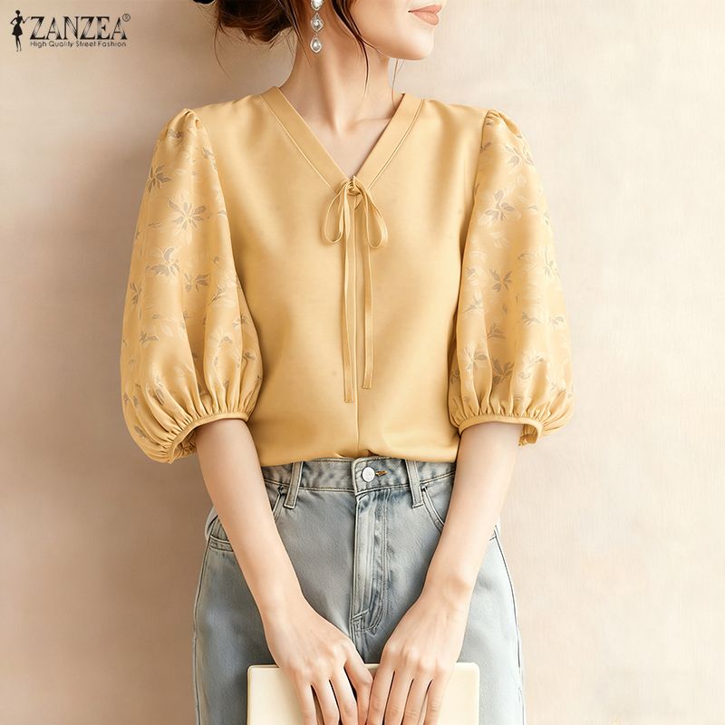 ZANZEA Korean Style Women Stylish V-Neck Lace-Up Half Lantern