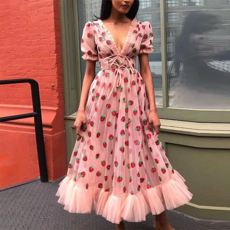 Women Sequin Strawberry Maxi Dress Summer Embroidery Mesh Lace Up High Waist Long Dress Original Quality