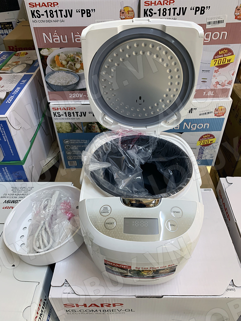 Nồi Cơm Điện Tử Sharp ks-com186EV,dung tích1,8l,Nồi Cơm Điện Tử Sharp,nồi cơm điện,nồi cơm điện đa năng,nồi cơm thiết kế tay cầm cách nhiệt,chức năng hen giờ,giữ ấm12h,lòng nồi chống dích,hàng cao cấp,BH 12 THÁNG.