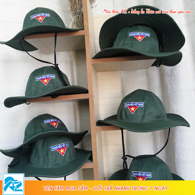 Mũ tai bèo nam nữ có dây cao cấp rộng vành thêu logo đoàn thanh niên