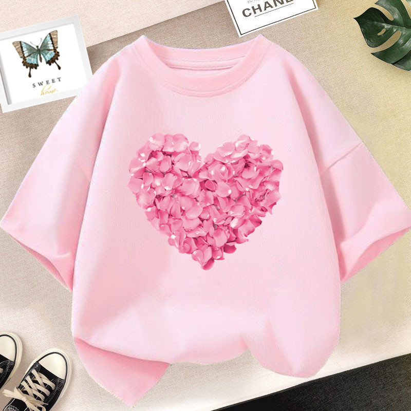 【No-Questions-Asked Refund】 Pink Heart Flower Print Girls Tshirt Casual Cute T-Shirt Gift Yong Girl Fashion Floral Kids Summer Clothes
