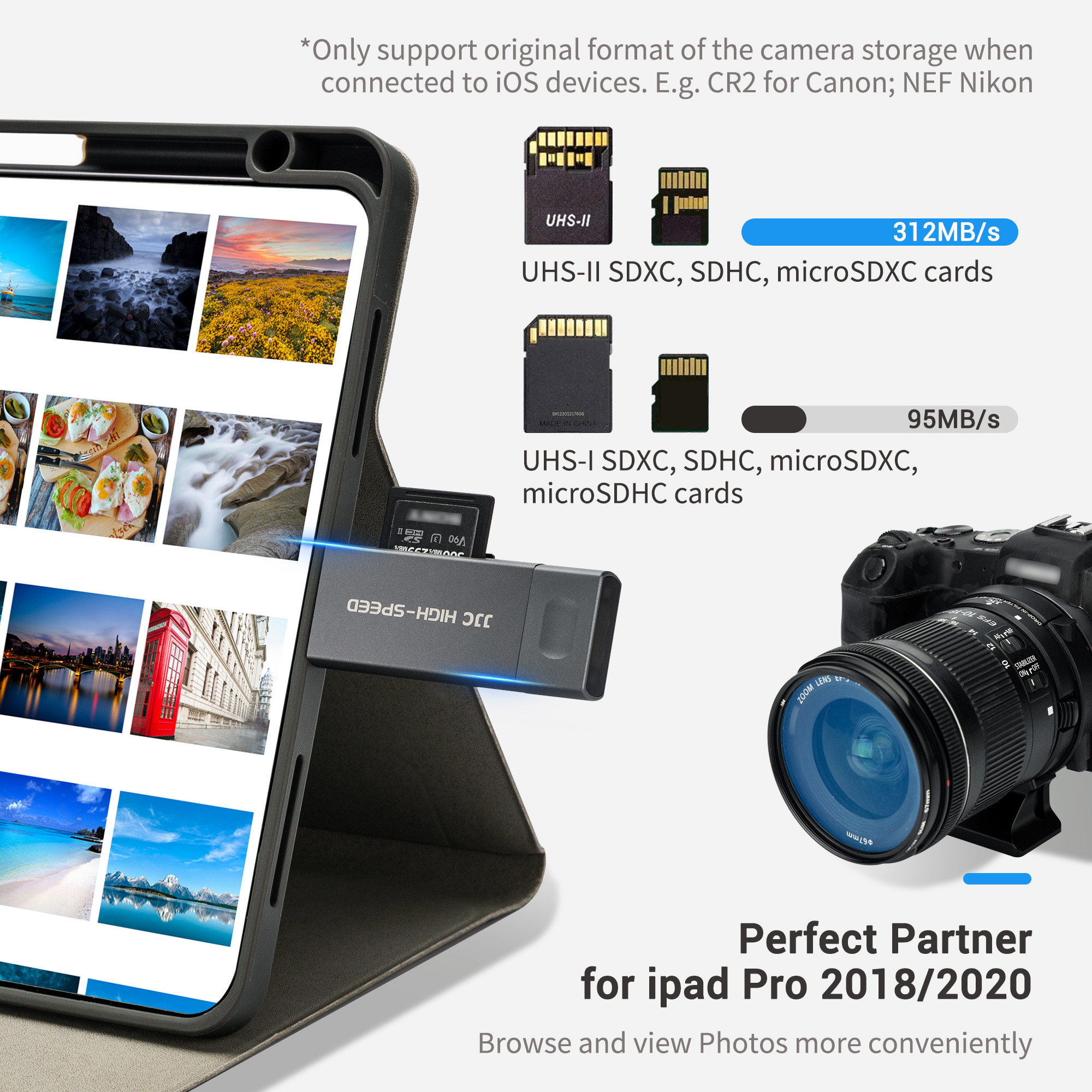Đầu đọc thẻ nhớ JJC UHS-II SD micro SD, cổng kết nối 3 trong 1 USB 3.1 USB-C Type-C 3.1 micro USB 2.0, tốc độ truyền cao lên đến 312MB / s, tương thích với máy tính, laptop, OTG cho phép điện thoại và máy tính bảng