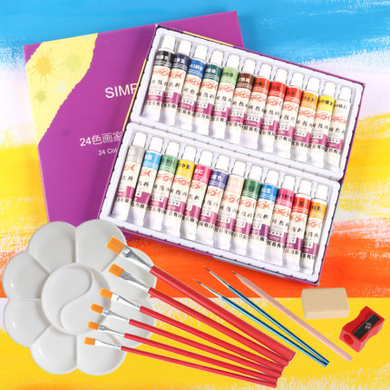 Set acrylic paint 24 colors 12 ml-simpleoa-paint colored drawing crafts for beginners top or professional-bundled 5 brush painting & 1 table plastic round mix colors & 2 pen trimming 1 bamboo stick measurement 1 eraser 1 pencil sharpener