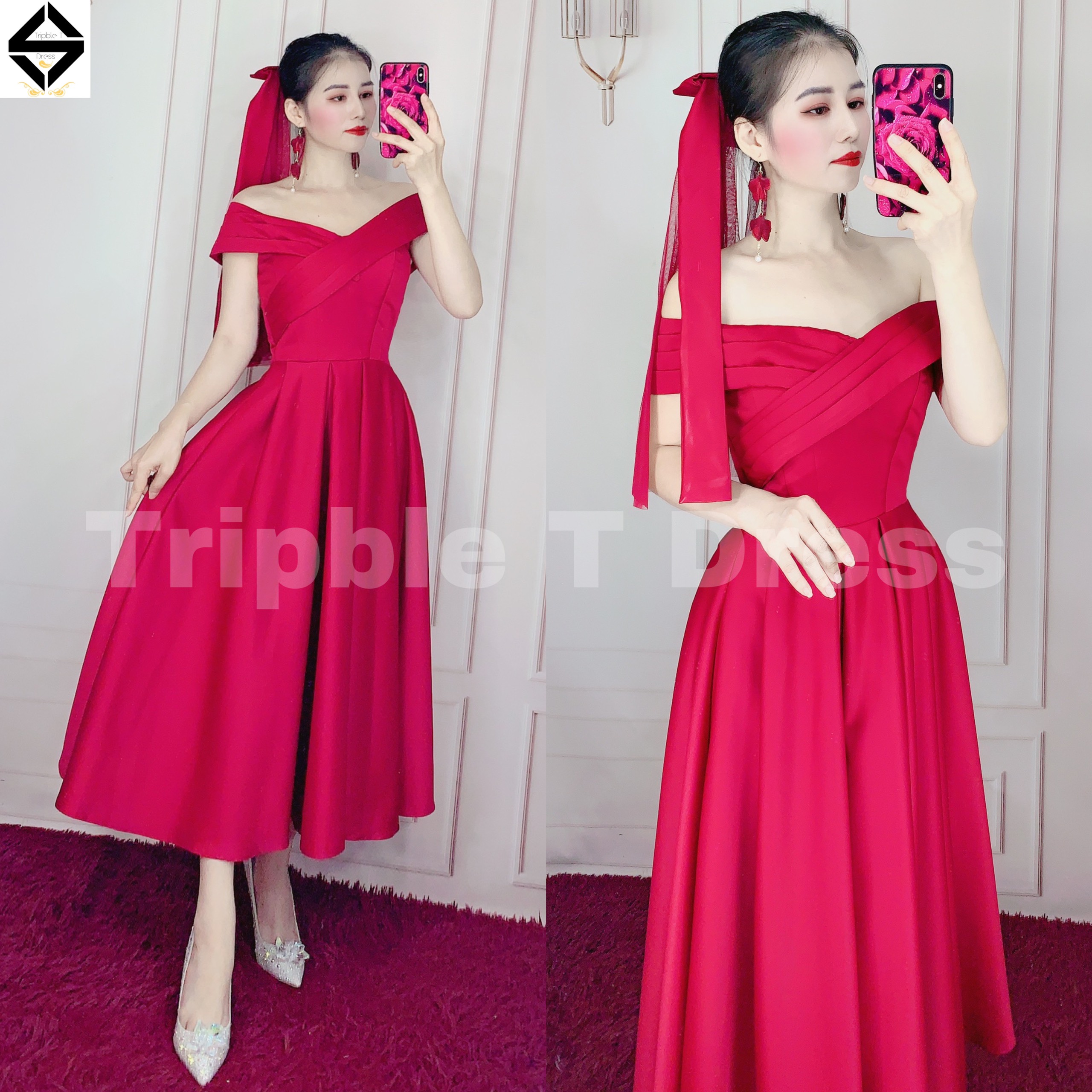 Đầm cho dâu xinh mặc cưới bẹt vai xếp ly tặng kèm lúp nơ y hình TRIPBLE T DRESS - size S/M/L -MS182Y