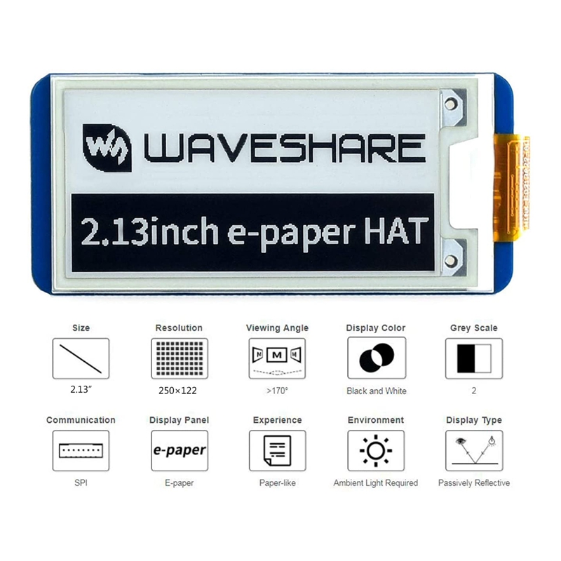 Waveshare 2.13Inch E-Ink Display HAT, Black,White Two-Color 250X122 Pixel E-Paper Screen LCD for Raspberry Pi 4B/3B+/3B/2B/Zero