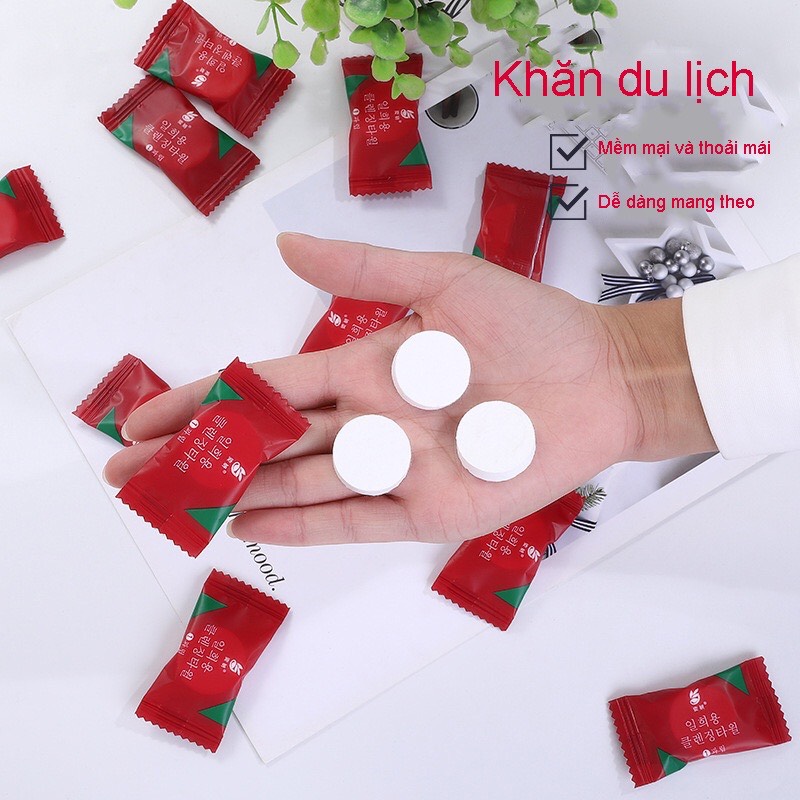 Combo 10 cái - Khăn giấy nén dạng viên kẹo MÀU ĐỎ Hàn Quốc, khăn lau mặt du lịch gọn gàng