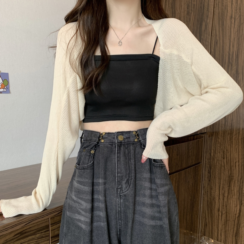 Summer Fashion Short Knitted Sunscreen Cardigan Women Solid Color Long Sleeve Thin Smock.