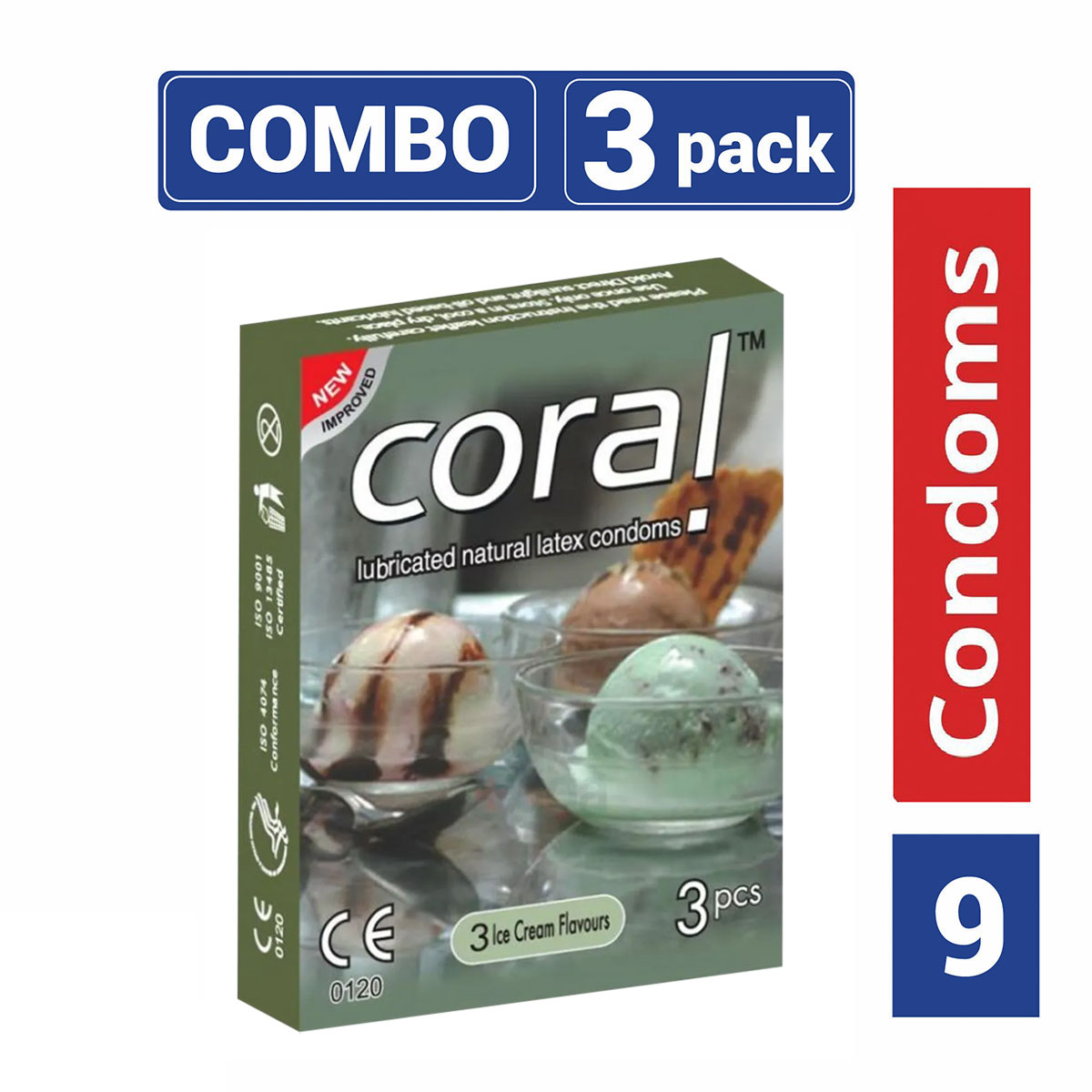 Coral 3 Ice Cream Flavors Lubricated Natural Latex Condom - 3 Packs Combo.