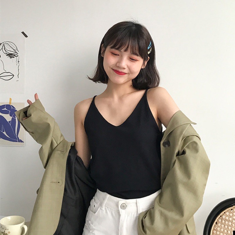 Áo 2 dây cổ tim len lông cừu siêu mềm