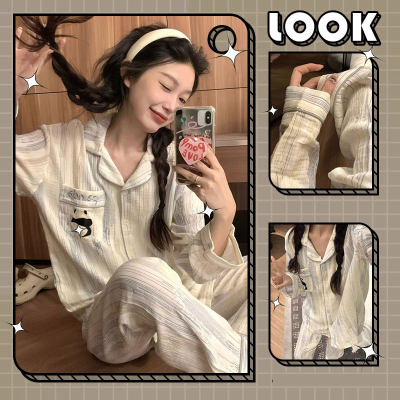 DUOHANZI Ins Style Pajamas Women's Round Striped Pocket Panda Korean Style Thin Long Sleeve Homewear Set