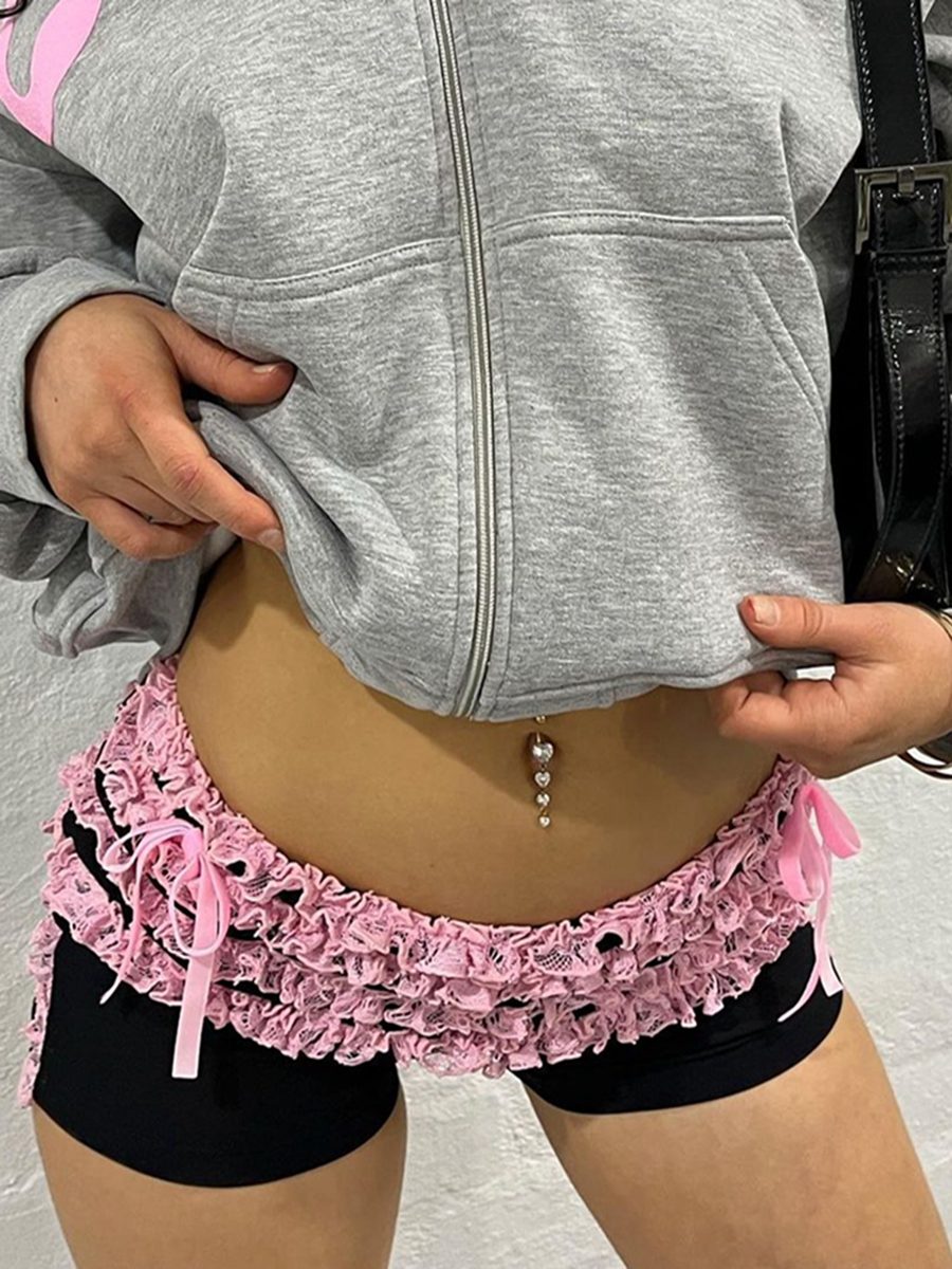 Women's Summer Lace Trim Shorts Black Elastic Band Tiered Tulle Drawstring Shorts