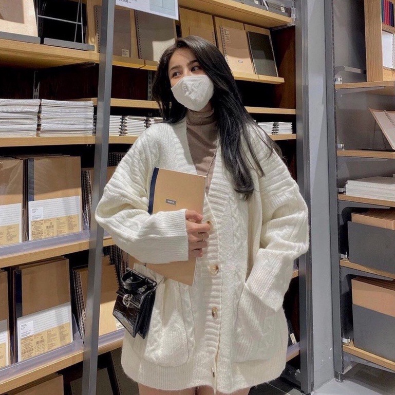 Áo khoác Cardigan len thừng dáng rộng có túi basic