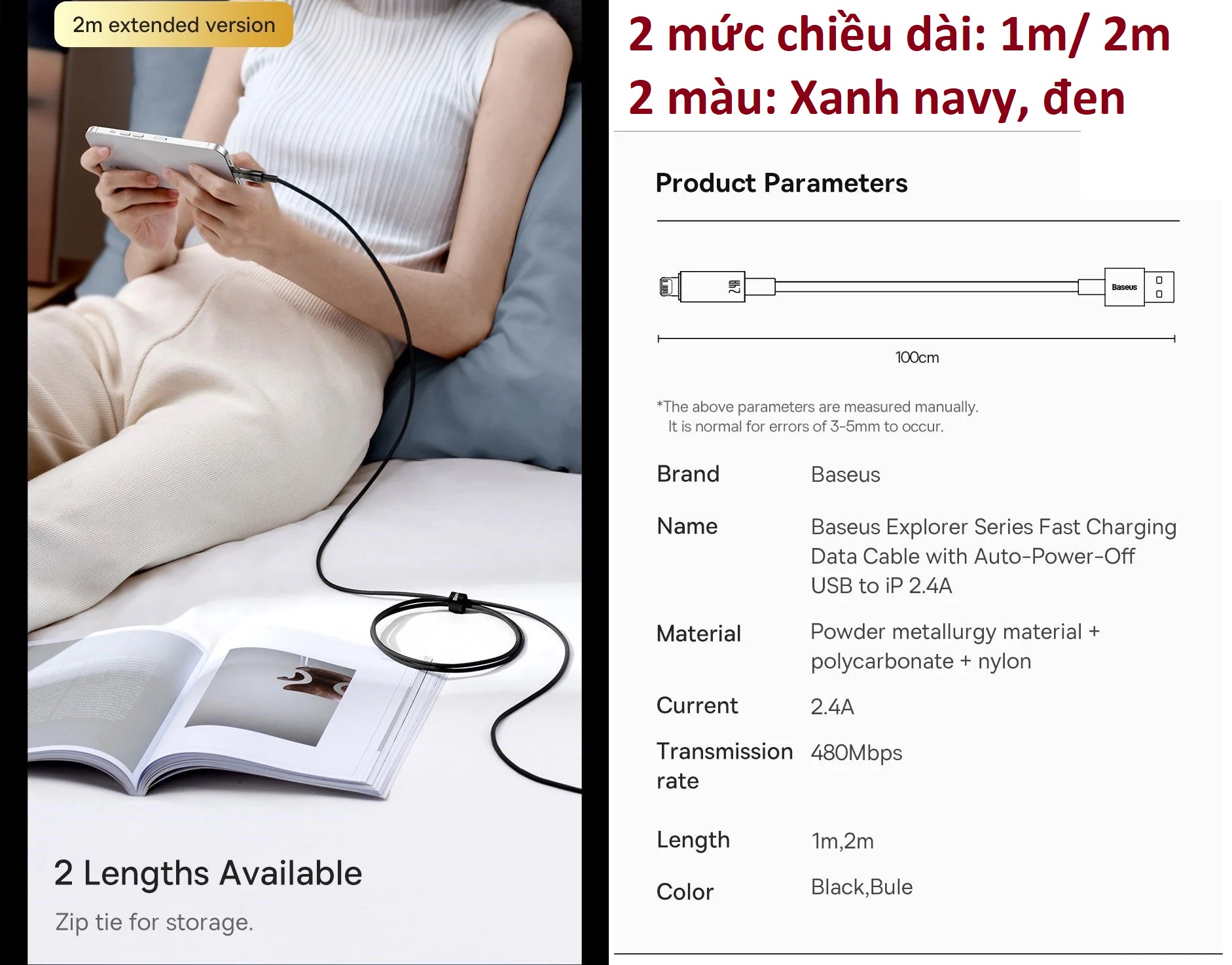 Cáp sạc iPhone 2.4A tự ngắt khi đầy Baseus Explorer Series