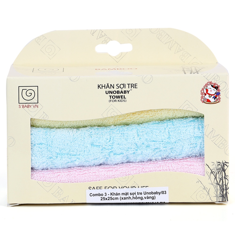 Set 3 khăn sợi tre Unobaby 25x25cm (xanh, hồng, vàng)