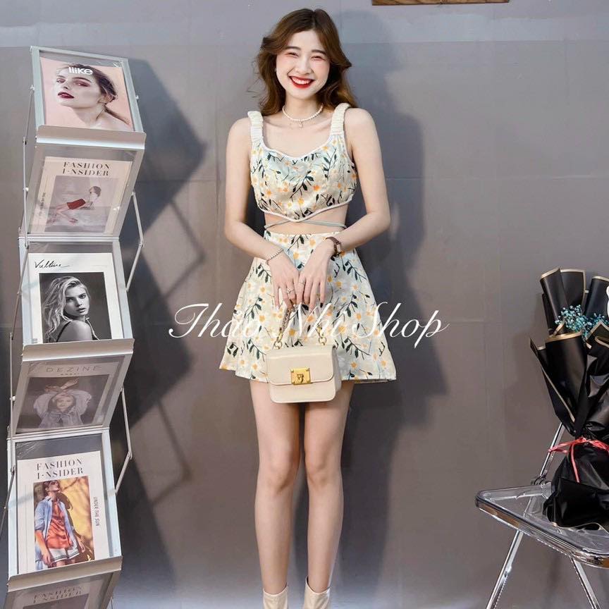 SET ÁO HOA CROPTOP DÂY EO KÈM CHÂN VÁY