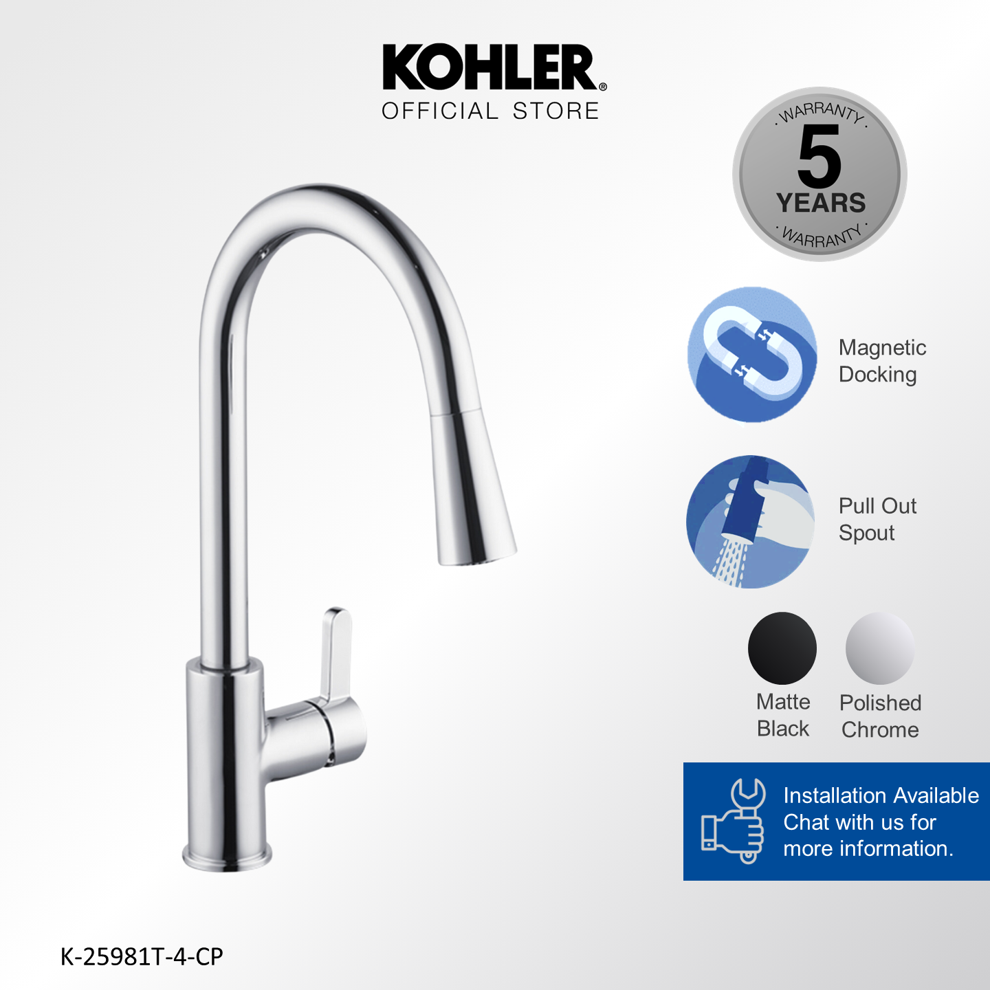 KOHLER Atom Kitchen Faucet / Sink Mixer Pull Out Spout, Polished Chrome