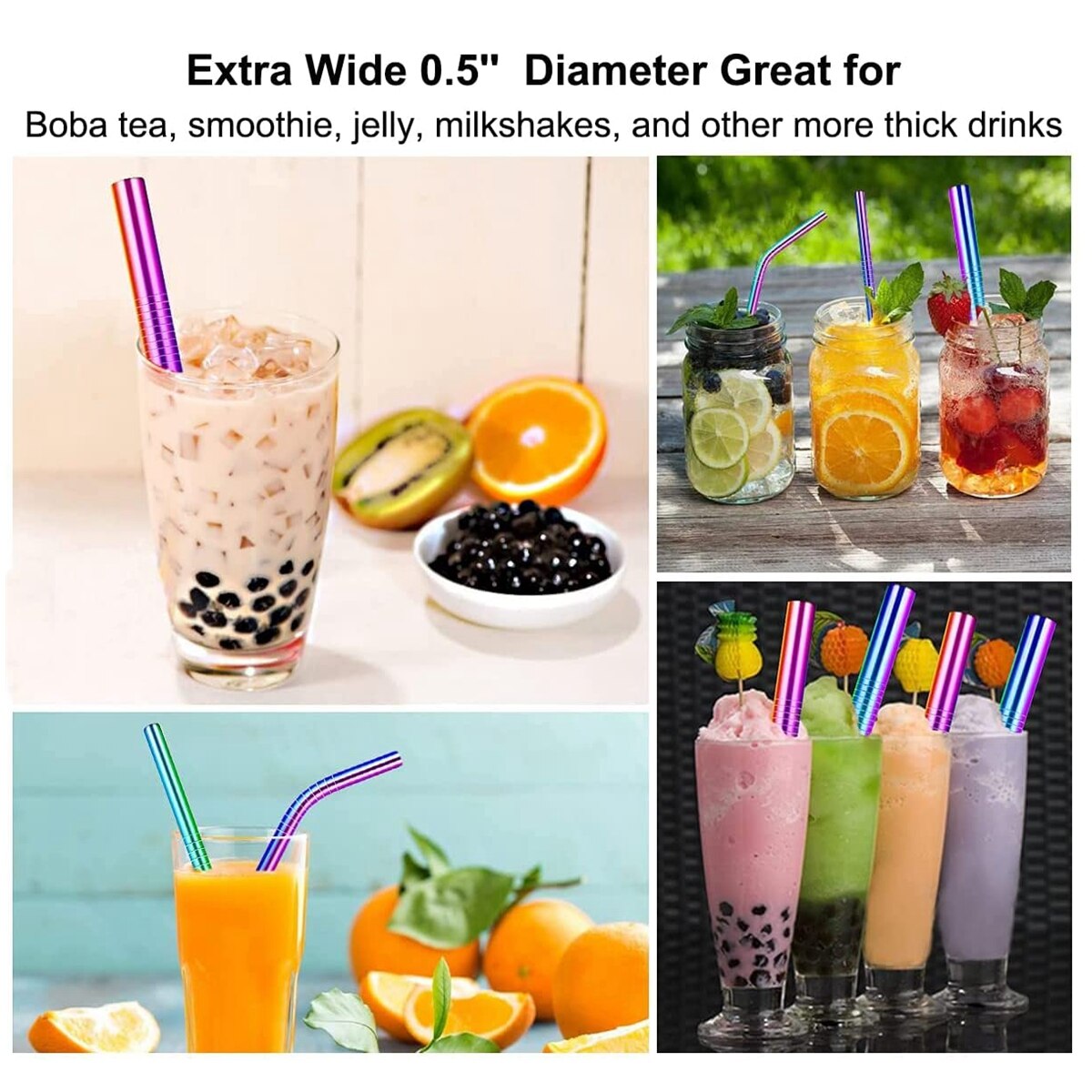  4 SUPER WIDE Boba Stainless Steel 9.5 Long x 1/2 Wide Drink  Straw Smoothie Thick Milkshake -CocoStraw Brand : Home & Kitchen