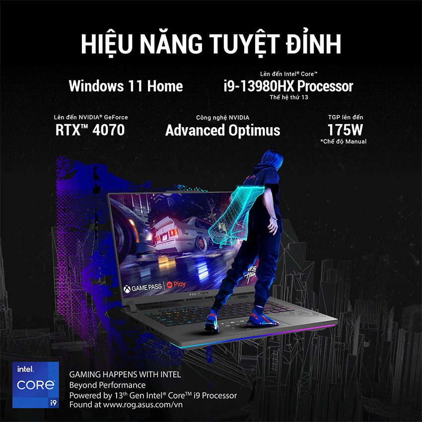 LAPTOP ASUS GAMING ROG STRIX G614JI-N4084W (I7 13650HX/16GB RAM/1TB SSD/16 QHD 240HZ/RTX 4070 8GB/WIN11/BALO/XÁM)
