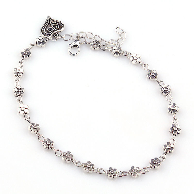【Must-have】 Hot Floral Foot Jewelry Accessories Girl Gift Anklets Silver Bead Chain Ankle Heart.