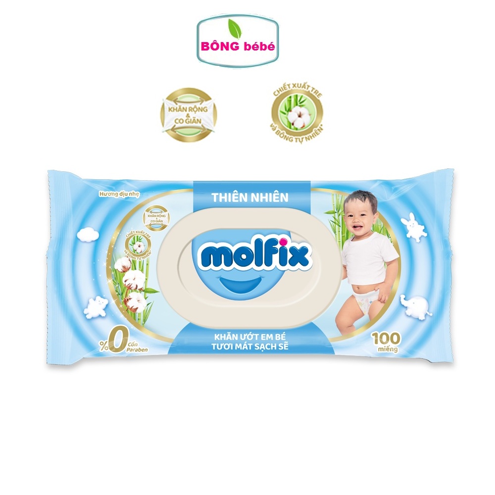 Khăn ướt Molfix trẻ em Thiên nhiên- Tươi mát sạch sẽ, dùng cho cả gia đình, khăn ướt gia đình- Gói 100 miếng thumbnail