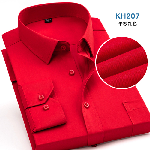 Áo sơ mi dài tay màu đỏ tươi Nam Đơn ngực vuông cổ áo sơ mi kinh doanhđám cướiTiệc giản dị màu xanh trắng 6XL