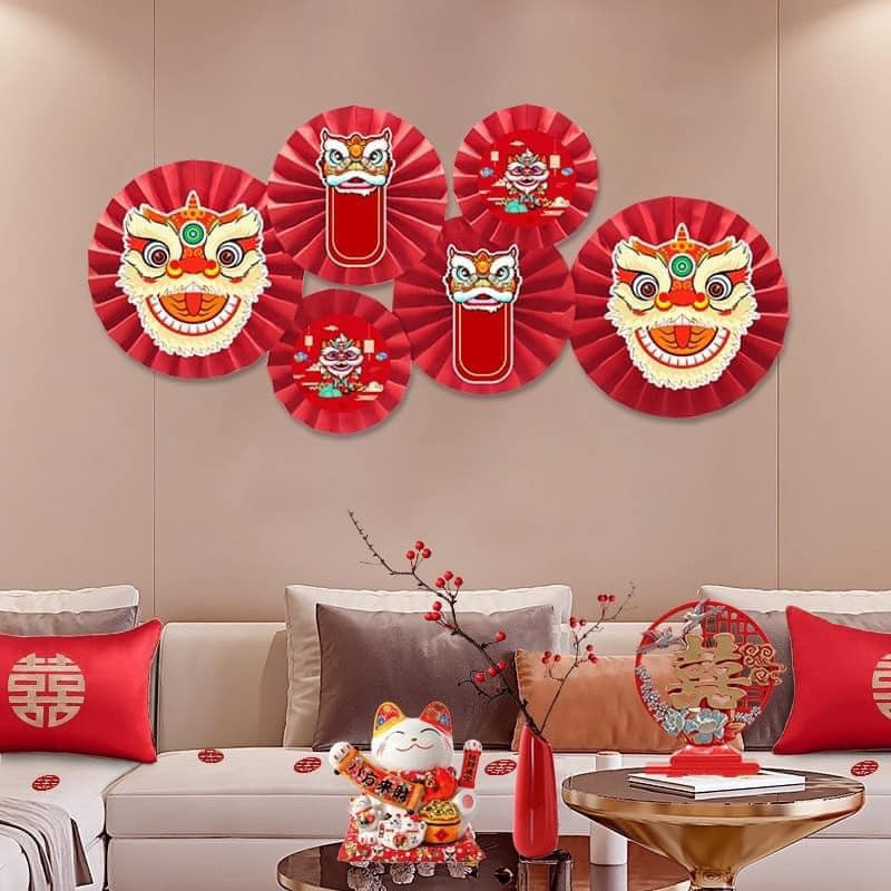 Set 6 quạt giấy đỏ đầu lân treo tết