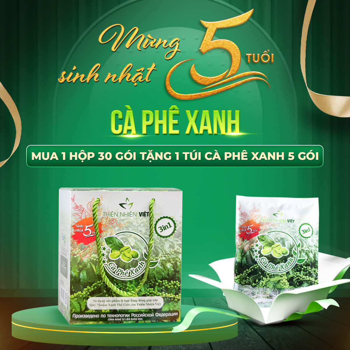 (Kèm Quà) Cà Phê Xanh Kháng Mỡ Giảm Cân Cafe Thiên Nhiên Việt Hộp 30 Gói (Tặng Kèm Túi 5 Gói)