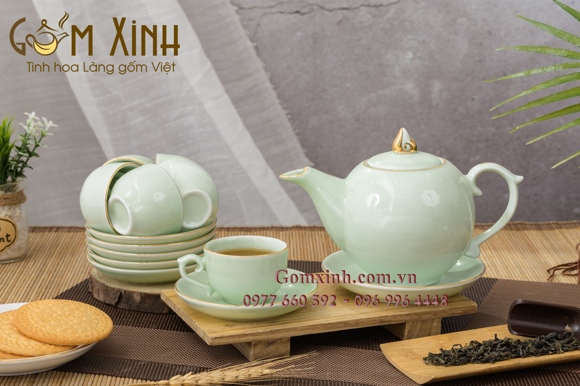 Bộ ấm chén Bát Tràng Chóp lửa men xanh ngọc vàng kim