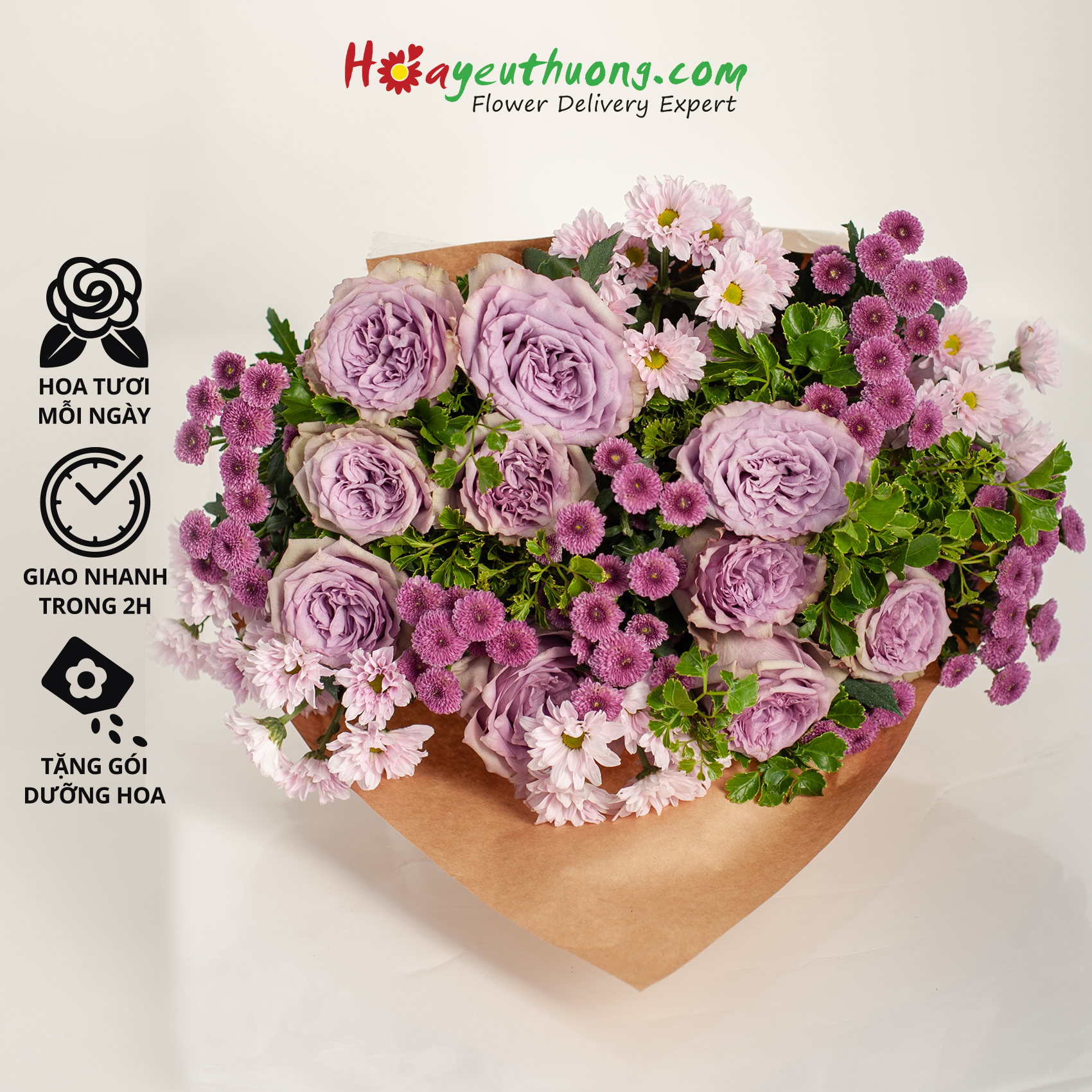 Màu Tím Lãng Mạn - Combo hoa mix sẵn Hoayeuthuong, hoa Đà Lạt tươi cắm trang trí nhà cửa, văn phòng