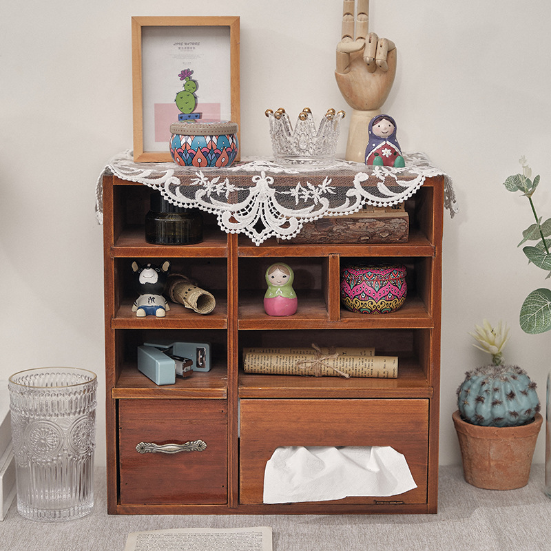 Retro storage box with tissue box, table shelf, wooden tabletop storage box, storage cabinet