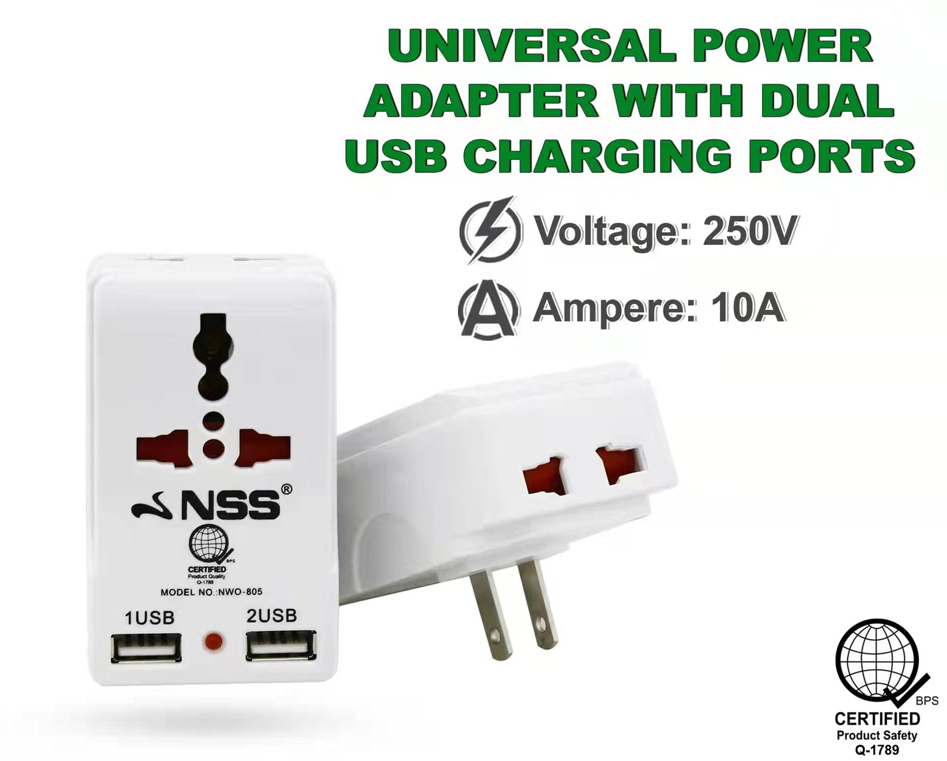 Universal Power Adapter With Dual USB Charging Ports Extension Adapter