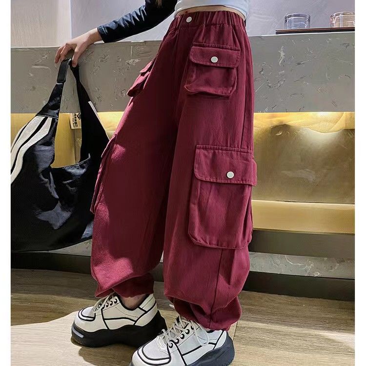 Cargo Pants for Kids Girl Spring and Autumn New Fashion Korean Style Wide Leg Pants Middle and Large Children's Cotton Multi-pocket Loose Casual Pants Street Dance Pants