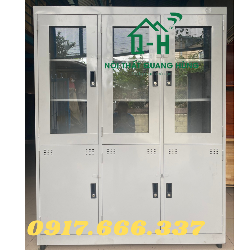 Tủ hồ sơ văn phòng 3 cánh cửa kính sơn tĩnh điện cao cấp