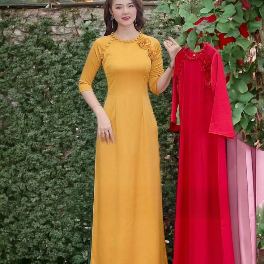 Áo dài cổ tròn tay lỡ lụa tây thi đính hoa, cúc vải trẻ trung, tôn dáng , phù hợp cho lễ tết- Áo Dài Mieso