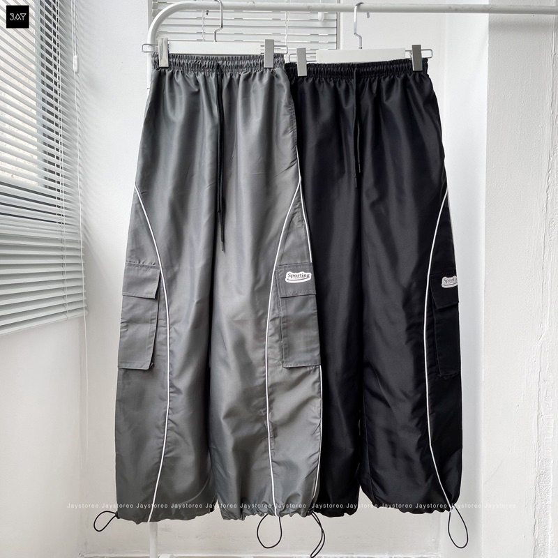 Quần Dù Jogger SPORTING vải dù dây rút túi hộp màu ĐEN/XÁM form nam nữ unisex Quần dù cargo y2k Jaystoree