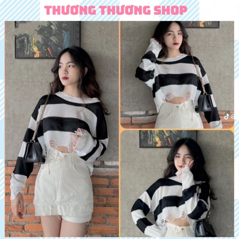Áo len nữ kiểu rách mỏng croptop cá tính hàng QC