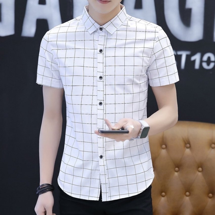 Áo Sơ Mi Nam Ngắn Tay Phối Họa Tiết Sọc Caro Ô Nhỏ Thời trang EMEY LUXURY SHOP Cao Cấp Chất vải mềm mịn thoáng mát chuẩn form